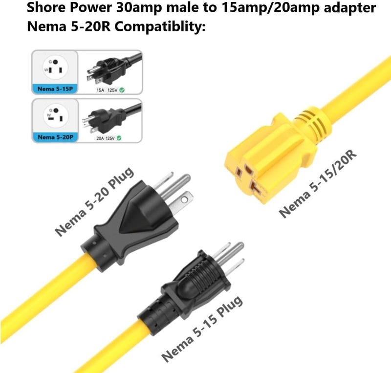 ADCAUDX 1FT 30-Amp to 15-Amp Marine-Shore Power-Adapter NEMA L5-30P to 5-15/20R,10AWG 30Amp to 20Amp T Blade Marine Adapter Plug,Twist Lock 125V 30A to 20A/ 15A Household Outlet Pigtail Boat - Image 5